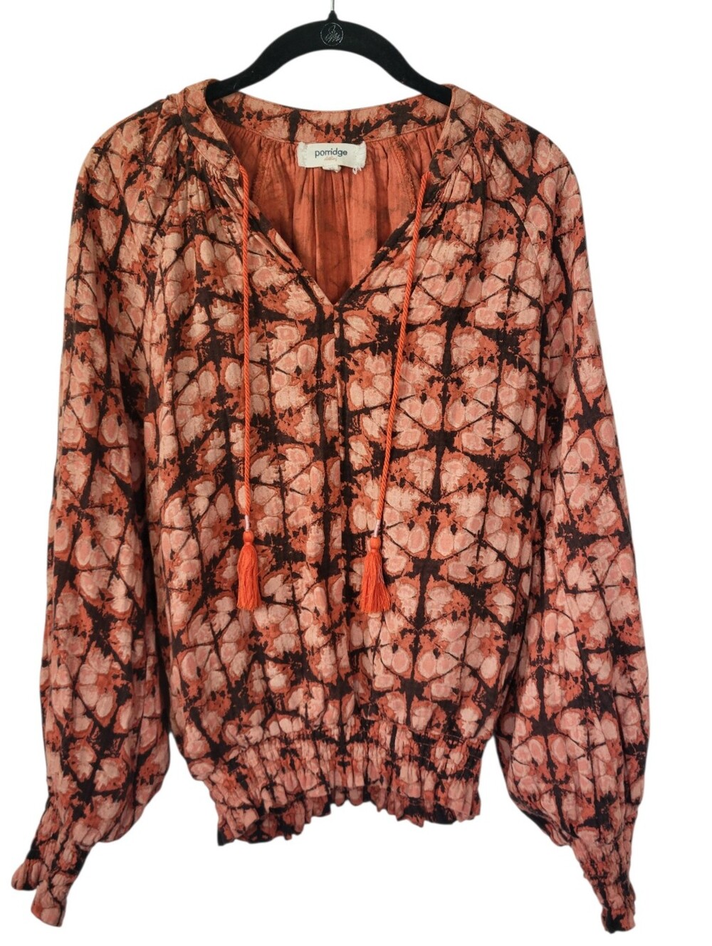 Anthropologie Porridge Elisabeth Peasant Top Batik Boho Tassel Ties Smocked Hem